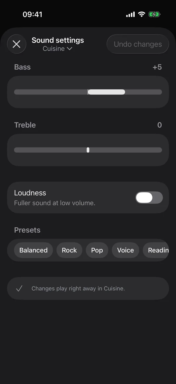 Réglages du son dans SyncSpire Audio : graves, aigus, intensité et préréglages